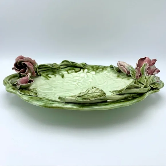 Vintage Majolica Pottery Platter 12” Green Leaves Pink Capodimonte Raised Roses - Picture 8 of 16